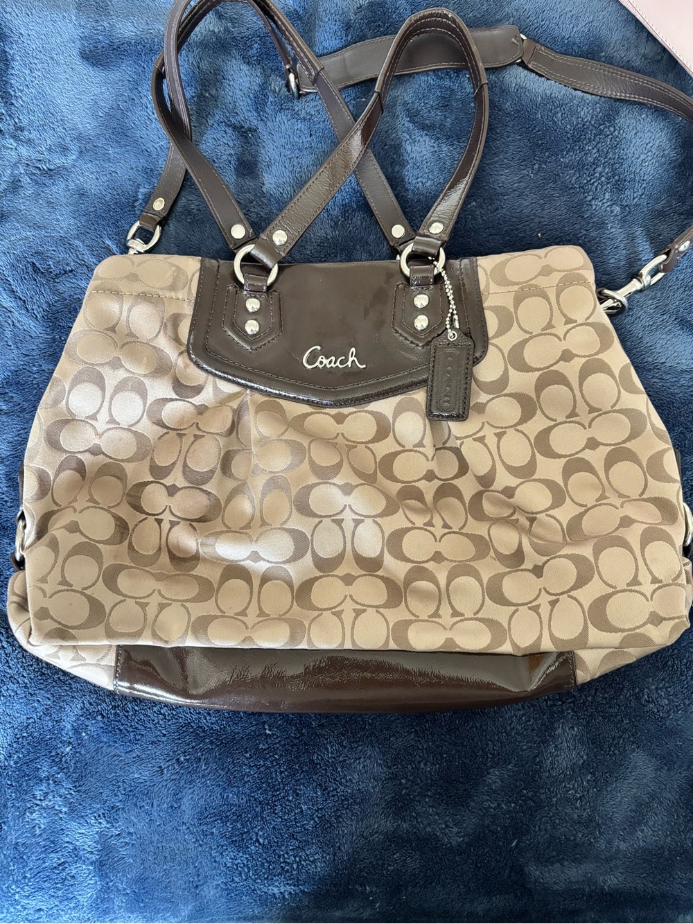 Coach Brown Signature Canvas Tote with Dark Brown Leather Trim